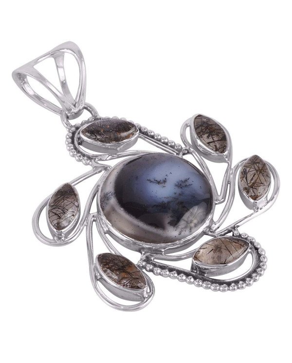 Necklace Silver Pendant Dendritic Opal Black Rutile Tail Spin Silver