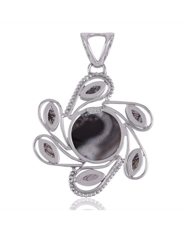 Necklace Silver Pendant Dendritic Opal Black Rutile Tail Spin Silver