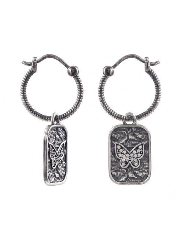 Swarovski Crystal Butterfly Hoop Earrings | Oxidized Brass Jewelry