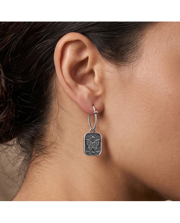 Swarovski Crystal Butterfly Hoop Earrings | Oxidized Brass Jewelry
