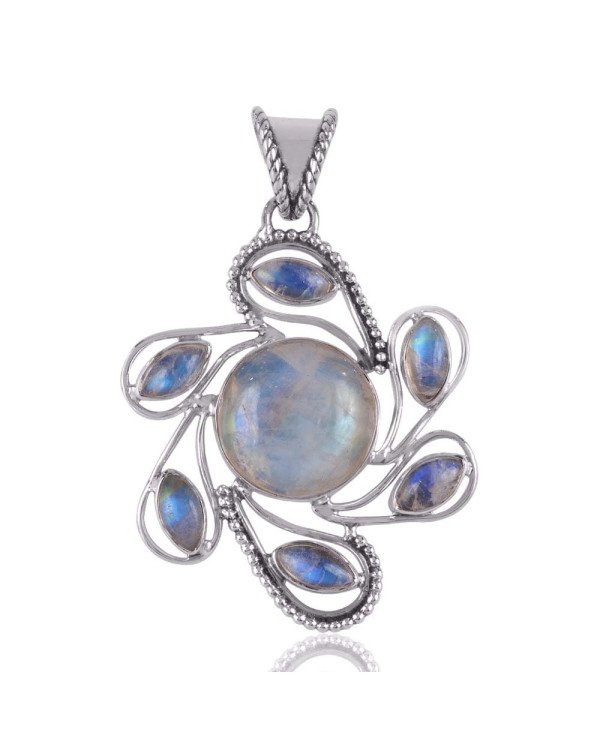 Rainbow Moonstone and Silver Flower Spinning Pendant Necklace