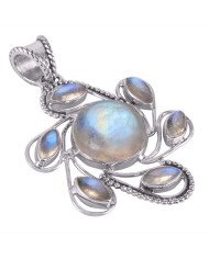 Rainbow Moonstone and Silver Flower Spinning Pendant Necklace