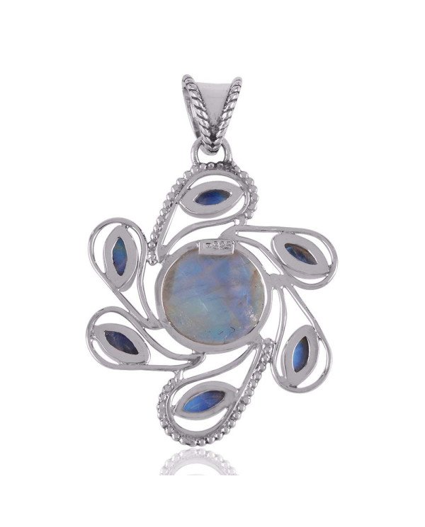 Rainbow Moonstone and Silver Flower Spinning Pendant Necklace
