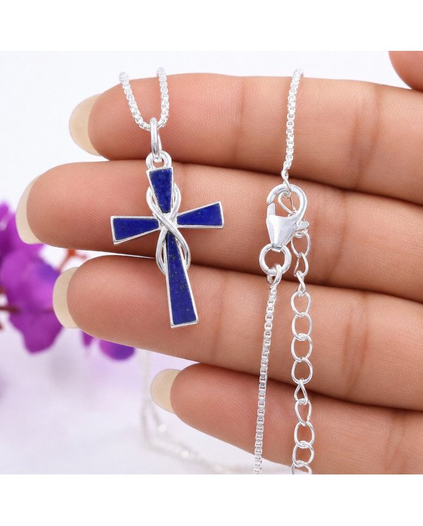 Lapis Lazuli Cross Pendant | 925 Sterling Silver Christmas Gift