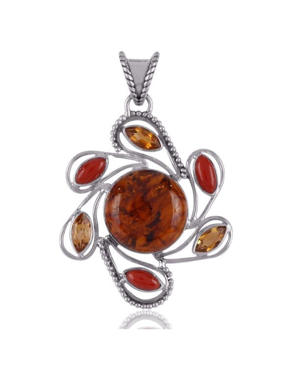 Baltic Amber Citrine and Coral Sterling Silver Amber Necklace Pendant