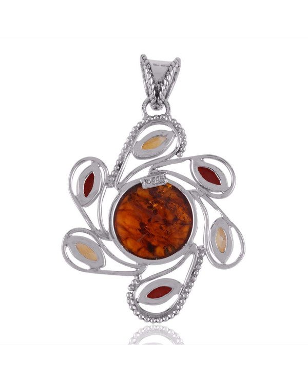 Baltic Amber Citrine and Coral Sterling Silver Amber Necklace Pendant