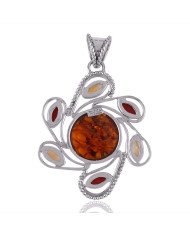 Baltic Amber Citrine and Coral Sterling Silver Amber Necklace Pendant