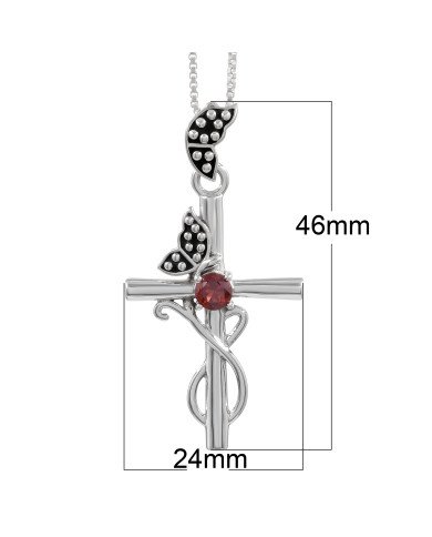 925 Sterling Silver Garnet Butterfly Cross Pendant Necklace For Women