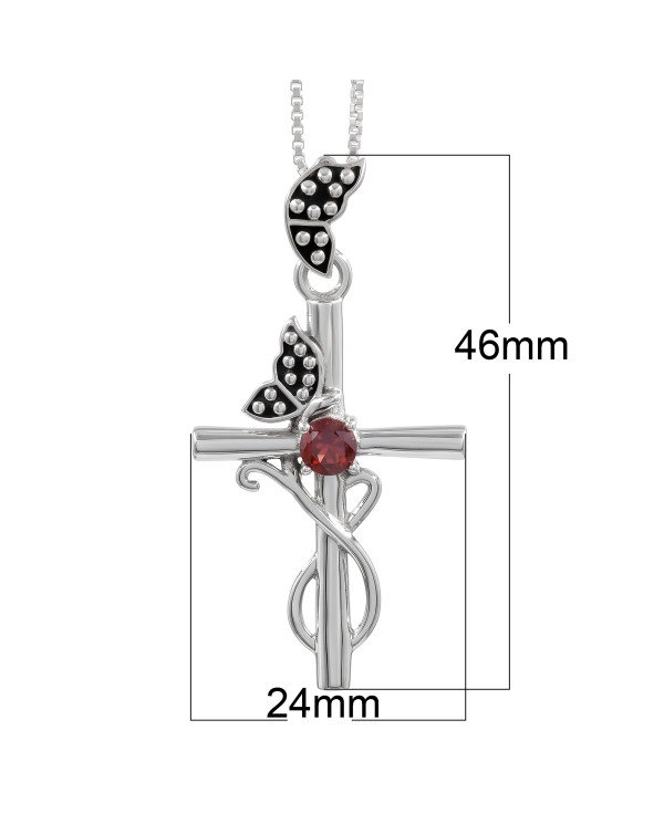 925 Sterling Silver Garnet Butterfly Cross Pendant Necklace For Women