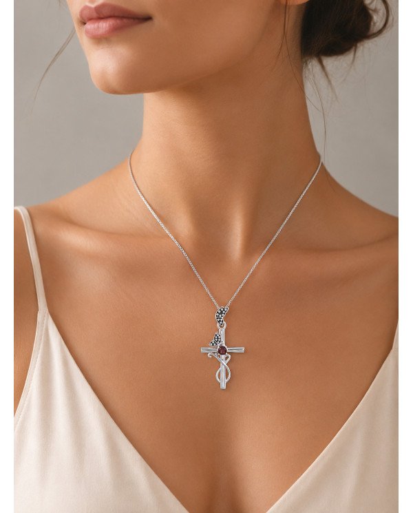 925 Sterling Silver Garnet Butterfly Cross Pendant Necklace For Women