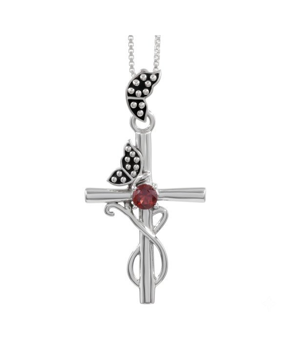 925 Sterling Silver Garnet Butterfly Cross Pendant Necklace For Women