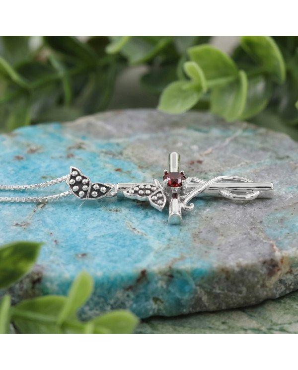 925 Sterling Silver Garnet Butterfly Cross Pendant Necklace For Women