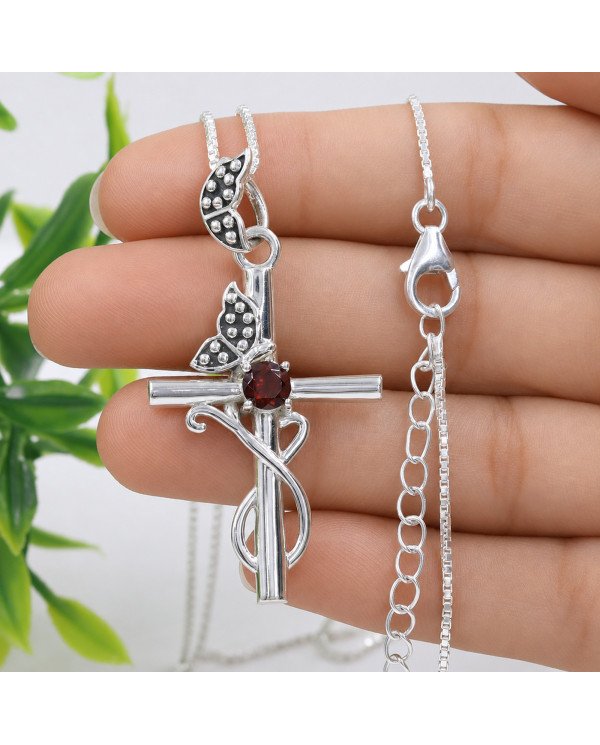 925 Sterling Silver Garnet Butterfly Cross Pendant Necklace For Women