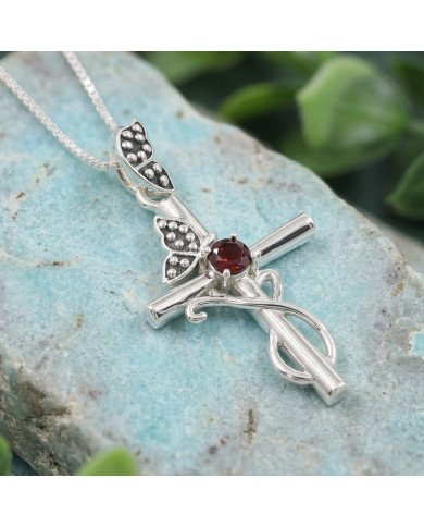 925 Sterling Silver Garnet Butterfly Cross Pendant Necklace For Women