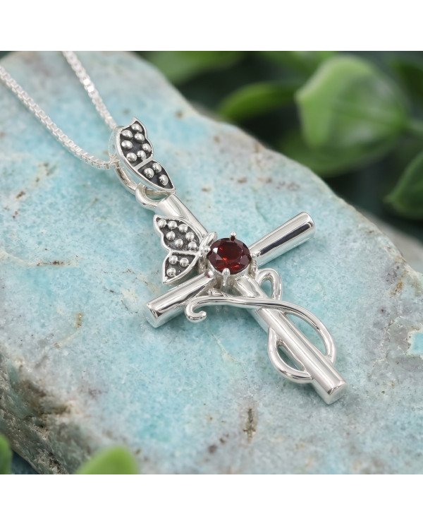 925 Sterling Silver Garnet Butterfly Cross Pendant Necklace For Women