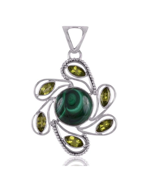 Super Malachite and Peridot Sterling Silver Pendant Necklace