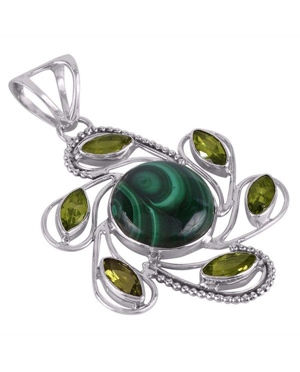 Super Malachite and Peridot Sterling Silver Pendant Necklace
