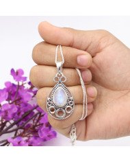 Rainbow Moonstone Pendant 925 Sterling Silver Boho Jewelry for Women