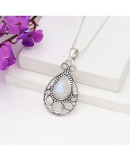 Rainbow Moonstone Pendant 925 Sterling Silver Boho Jewelry for Women