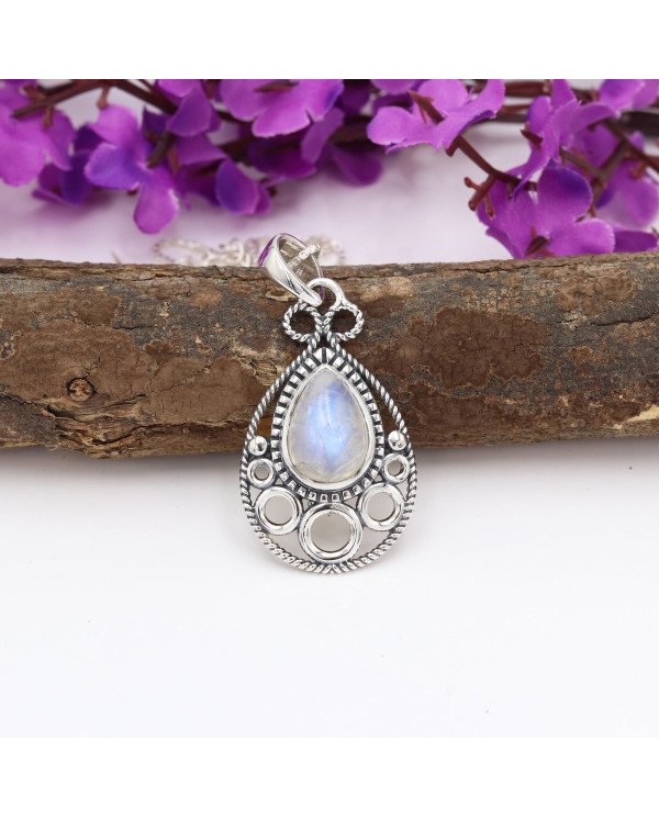 Rainbow Moonstone Pendant 925 Sterling Silver Boho Jewelry for Women