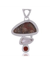 Top Mushroom Rhyolite Hessonite and Biwa Pearl 925 Silver Pendant
