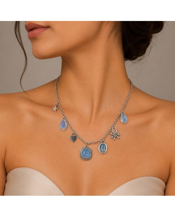 Aquamarine and Kyanite Necklace | 925 Sterling Silver Boho Jewelry