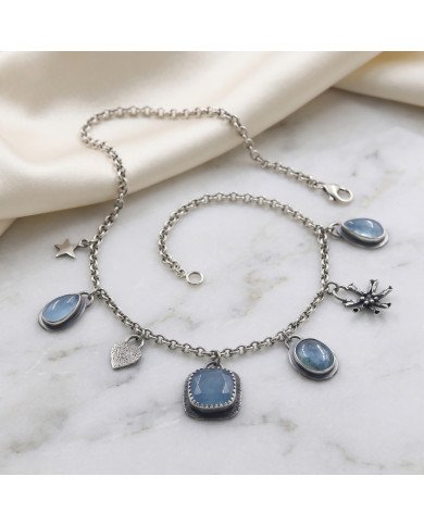 Aquamarine and Kyanite Necklace | 925 Sterling Silver Boho Jewelry