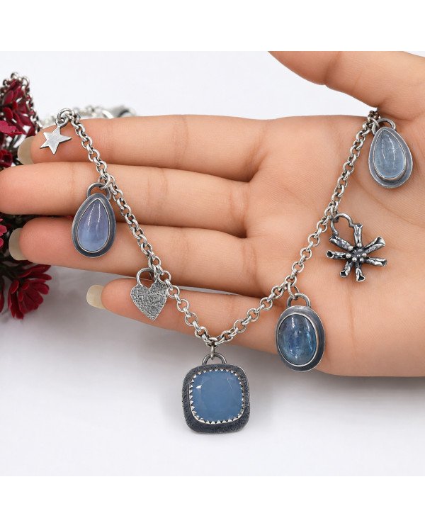 Aquamarine and Kyanite Necklace | 925 Sterling Silver Boho Jewelry