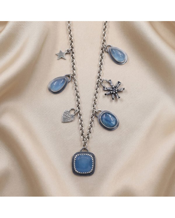 Aquamarine and Kyanite Necklace | 925 Sterling Silver Boho Jewelry