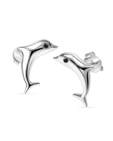 925 Sterling Silver Dolphin Stud Earrings with Black Onyx Gemstone