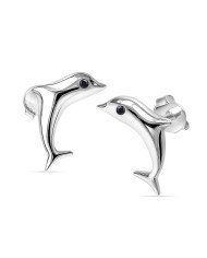 925 Sterling Silver Dolphin Stud Earrings with Black Onyx Gemstone