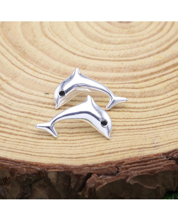 925 Sterling Silver Dolphin Stud Earrings with Black Onyx Gemstone