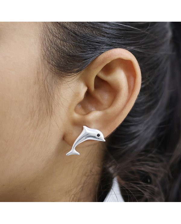 925 Sterling Silver Dolphin Stud Earrings with Black Onyx Gemstone