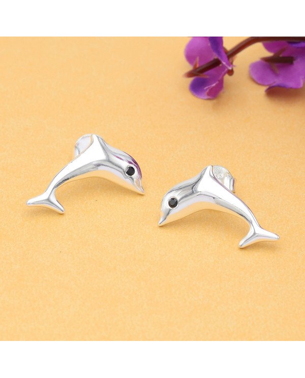 925 Sterling Silver Dolphin Stud Earrings with Black Onyx Gemstone
