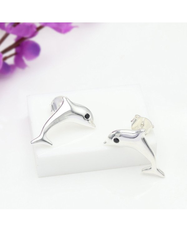 925 Sterling Silver Dolphin Stud Earrings with Black Onyx Gemstone