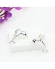925 Sterling Silver Dolphin Stud Earrings with Black Onyx Gemstone