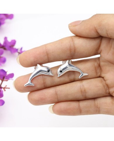 925 Sterling Silver Dolphin Stud Earrings with Black Onyx Gemstone