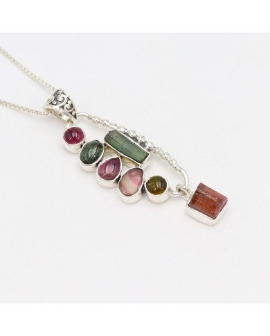 Multi Tourmaline Pendant in 925 Sterling Silver - Raw Gemstone Jewelry