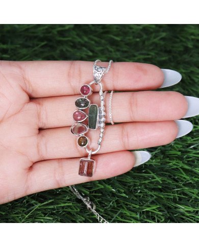 Multi Tourmaline Pendant in 925 Sterling Silver - Raw Gemstone Jewelry
