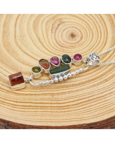 Multi Tourmaline Pendant in 925 Sterling Silver - Raw Gemstone Jewelry