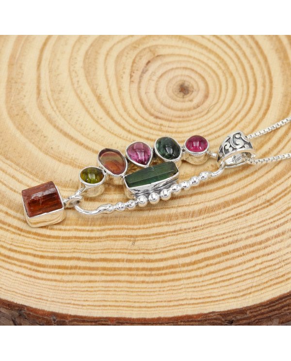 Multi Tourmaline Pendant in 925 Sterling Silver - Raw Gemstone Jewelry