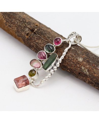 Multi Tourmaline Pendant in 925 Sterling Silver - Raw Gemstone Jewelry