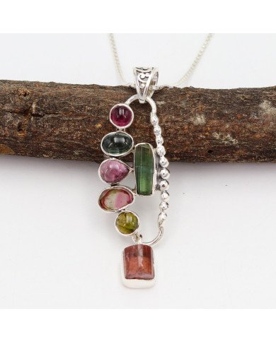 Multi Tourmaline Pendant in 925 Sterling Silver - Raw Gemstone Jewelry