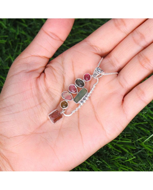Multi Tourmaline Pendant in 925 Sterling Silver - Raw Gemstone Jewelry