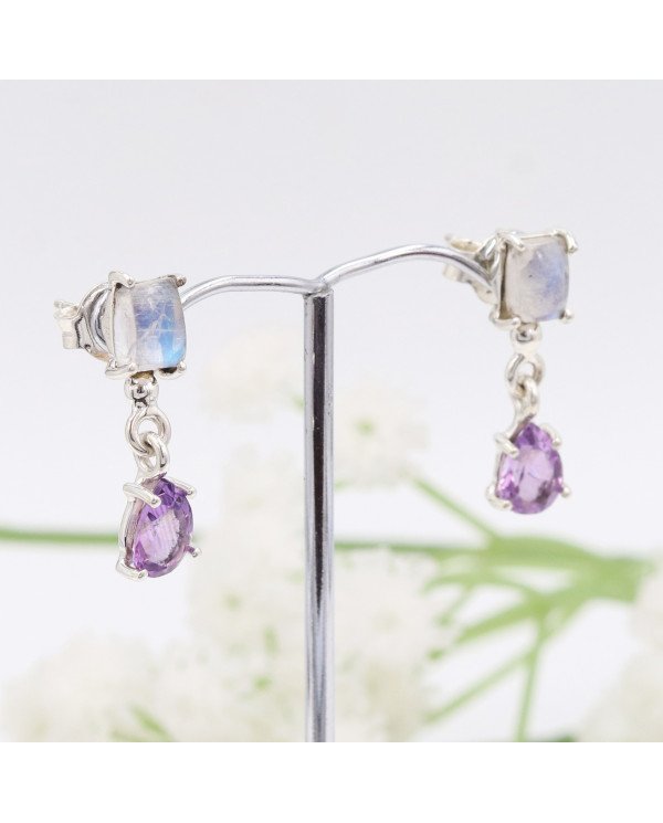 925 Sterling Silver Amethyst & Rainbow Moonstone Drop Earrings