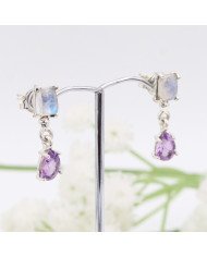 925 Sterling Silver Amethyst & Rainbow Moonstone Drop Earrings