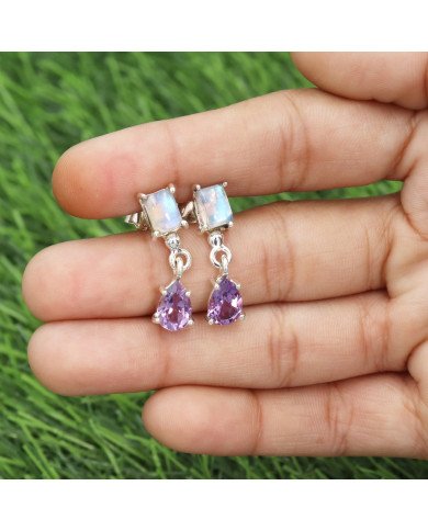 925 Sterling Silver Amethyst & Rainbow Moonstone Drop Earrings