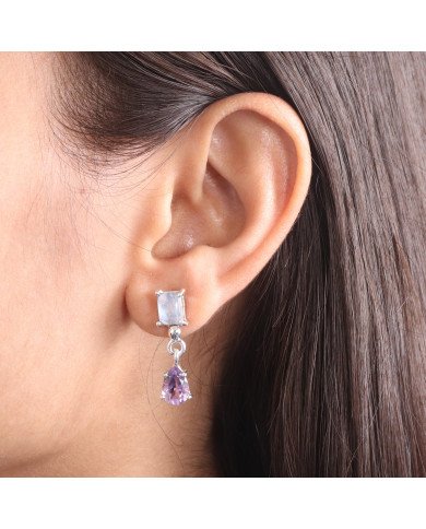 925 Sterling Silver Amethyst & Rainbow Moonstone Drop Earrings
