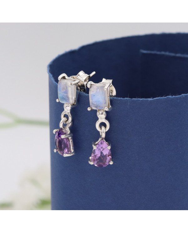 925 Sterling Silver Amethyst & Rainbow Moonstone Drop Earrings