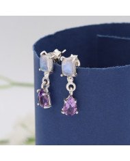 925 Sterling Silver Amethyst & Rainbow Moonstone Drop Earrings
